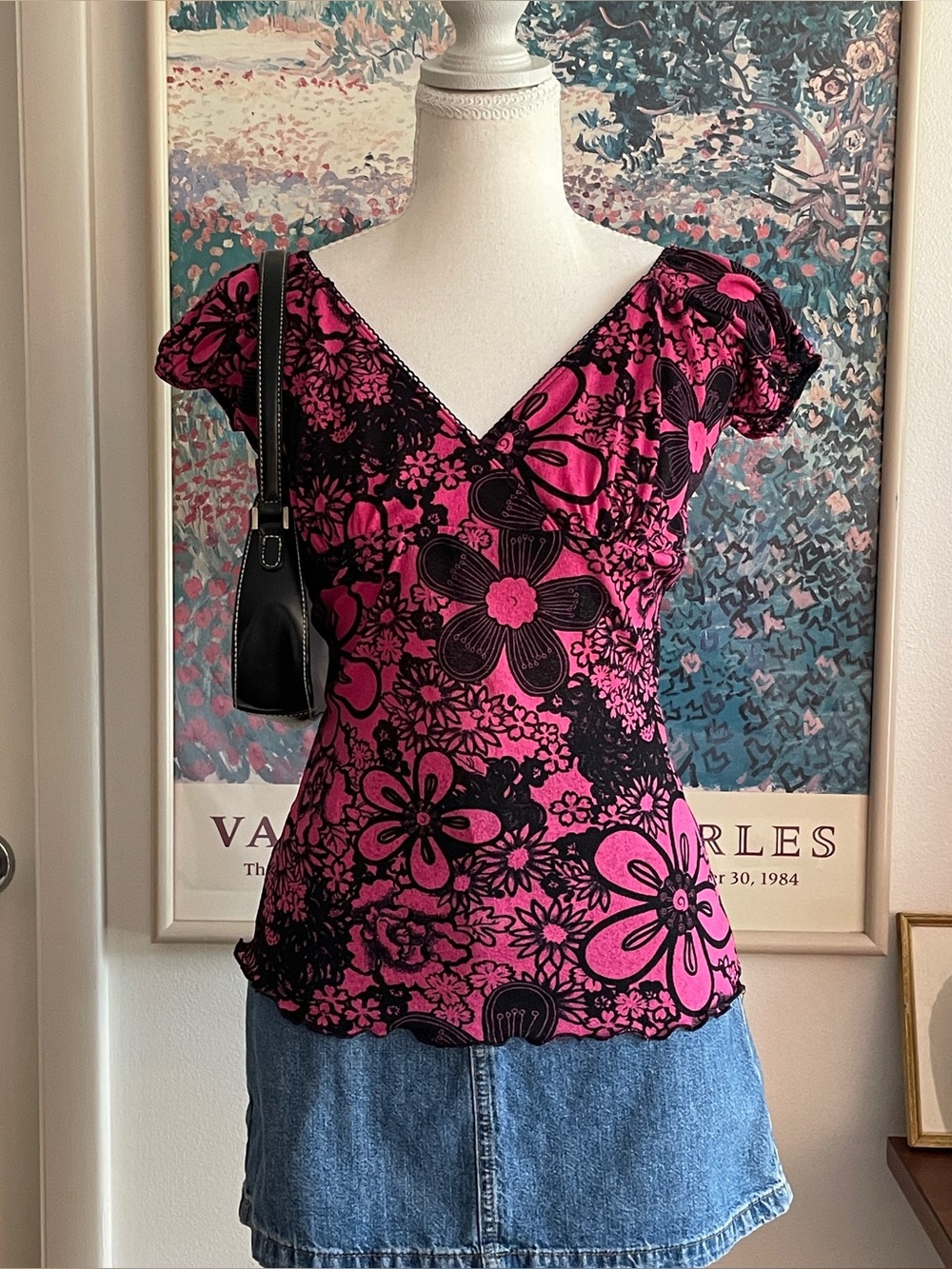 Trixxi Floral Top Womens Medium Pink Black V-Neck Dark Feminine Whimsigoth Y2K